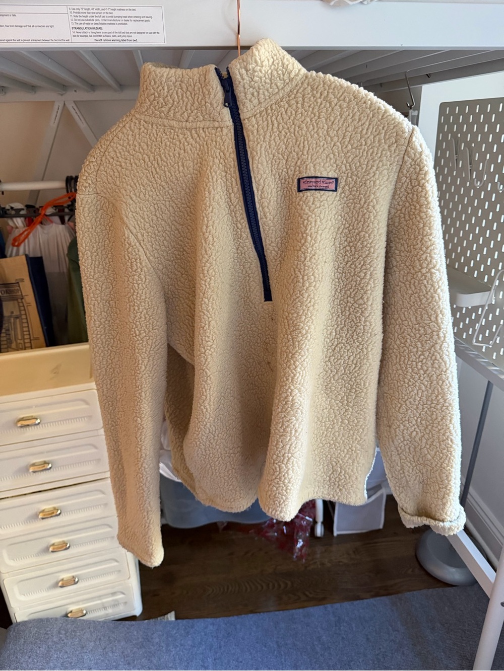 Vineyard Vines Cream Sherpa Quarter-Zip Pullover with Navy Trim